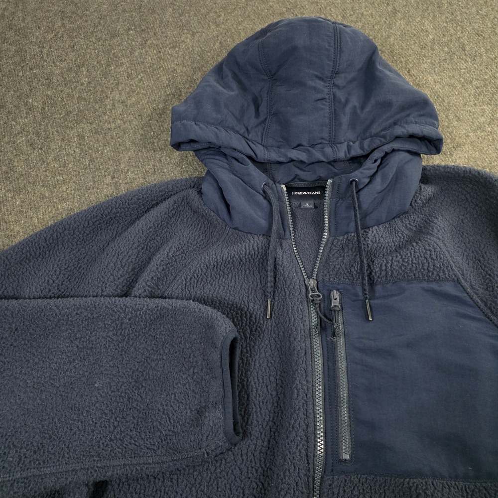 J Crew Jeans Sherpa Fleece Hooded Full‎ Zip Jacket Men's Size L Navy